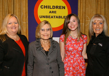 Speakers and funders at the public talk in Belfast on 15 October 2014 included, (from left): Patricia Lewsley-Mooney, Northern Ireland Commissioner for Children and Young People, Penelope Leach, the key note speaker, Bethany Taggart, NICCY's Youth Panel Representative, and Carmel McKinney, Deputy Chairperson, Safeguarding Board for Northern Ireland